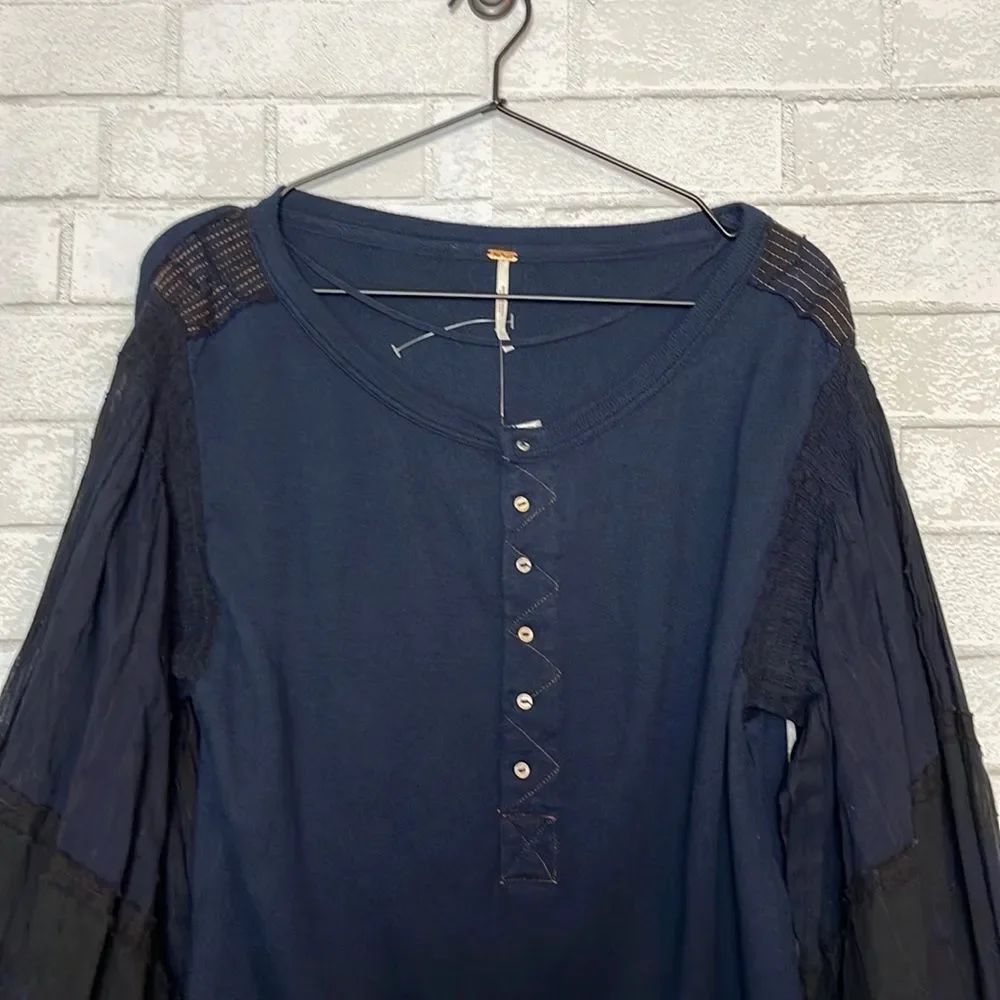 Free People Light Magic Henley Top Blouse Deep Navy XS NWT